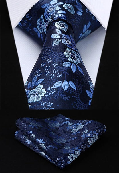 HISDERN Men Floral Ties Woven Classic 3.4" Necktie Set Formal Tie Pocket Square for Wedding with Handkerchief Gift Box