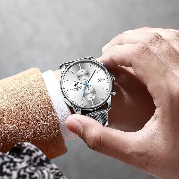 GOLDEN HOUR Mens Watch Fashion Sleek Minimalist Quartz Analog Mesh Stainless Steel Waterproof Chronograph Watches for Men with Auto Date