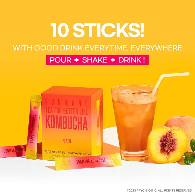 SUNMANC Kombucha 10 packets, Convenient Powdered Drink Mix, Tea Powder, Low Calories, Sugar 0g, Low Caffeine (Peach)
