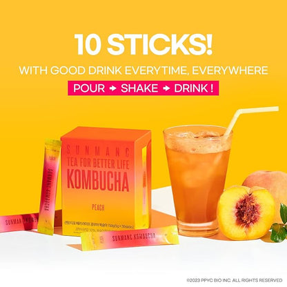 SUNMANC Kombucha 10 packets, Convenient Powdered Drink Mix, Tea Powder, Low Calories, Sugar 0g, Low Caffeine (Peach)