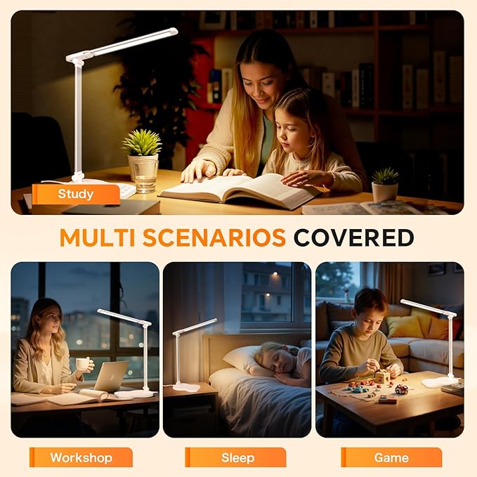 Desk Lamps for Home Office, Dimmable LED Desk Lamp, 5 Color Modes, 10 Brightness, Touch Desk Light with USB Charging Port for Nail Craft Puzzle Sewing Study - Black