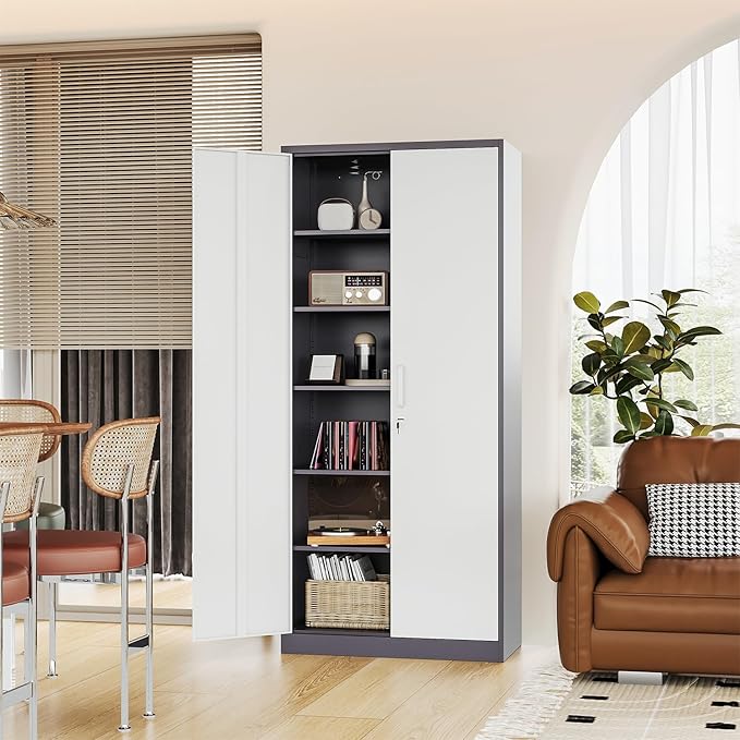 Metal 71' TallFile Cabinet with 5 Adjustable Shelves, Lockable Doors - Gray&White Steel Storage Cabinets for Home, School, Office, Garage