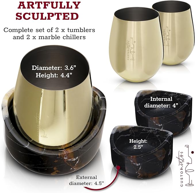 Gusto Nostro Marble Wine Chiller for Glass & Stainless Steel Tumbler Set of 2 - Wine Glass Chiller Holder for Freezer - Cool Set of Chillers & Stemless Wine Metal Tumblers for Home, Bar (Black & Gold)
