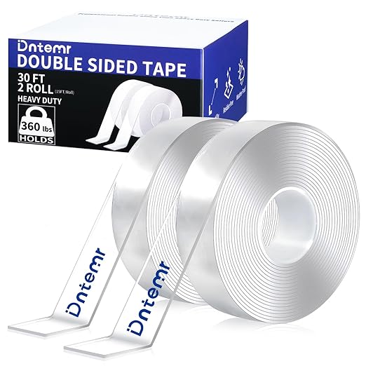 Double Sided Tape Heavy Duty 2 Rolls Removable Nano Tape for Poster Carpet Picture Hanging Strip Rug Strong Adhesive Multipurpose Clear Mounting Two Stick Sided DIY Tape (30FT)
