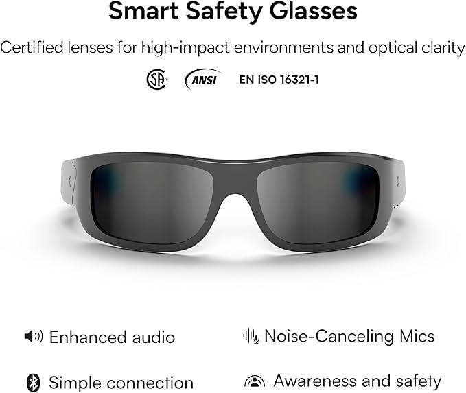 Lucyd Armor Smart Safety Glasses, TR90 Frame, Light Adaptive Lenses, Open Ear Speakers & Microphone - ANSI Z87.1
