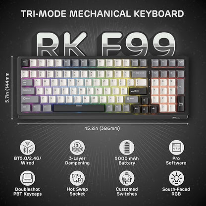 RK ROYAL KLUDGE F99 Wireless Mechanical Keyboard with Numper Pad, Tri-Mode Hot Swappable 95%100 Keys Gaming Keyboard BT/2.4G/USB-C, Pro Software, 5000mAh Battery, Customed Tactile Beige Switches