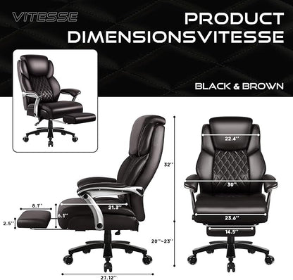 OFIKA 600lbs Big and Tall Office Chair with Foot Rest and Lifting Headrest,Large Heavy Duty Chair with Adjustable Lumber Support,Executive Office Chair,Leather Chair for Heavy People (Brown)