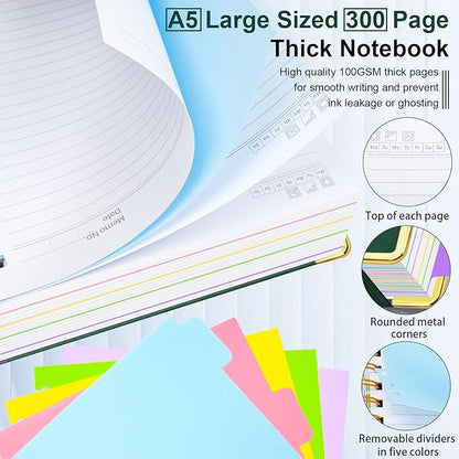 Hardcover Spiral Notebook 6.2"x 8.2" Journal Notebook with Tabs and Removable Dividers 300 Pages 5 Subject Notebook College Ruled, Faux Leather Spiral Bound Notebook for Women School Work(Green)