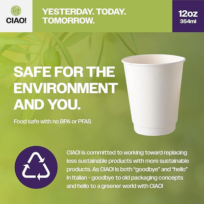 CIAO! 12 oz Insulated Double Wall White Paper Hot Cup, 90 mm Diameter, 500 Count