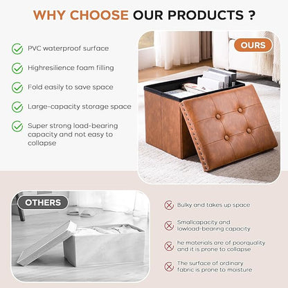 Folding Storage Ottoman 16in, Small Faux Leather Foot Rest Stool with Button Tufted Rivet Design, Footstool Bench, Ottoman with Storage for Living Room Bedroom Coffee Table 242 lbs, Brown