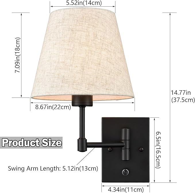 SAMTEEN Swing Arm Wall Sconces Set of Two Modern Black Sconce Light Plug in Wall Sconce with Shade, Black Swing Arm Wall Lamp with Plug in Cord for Bedroom Foyer Living Room