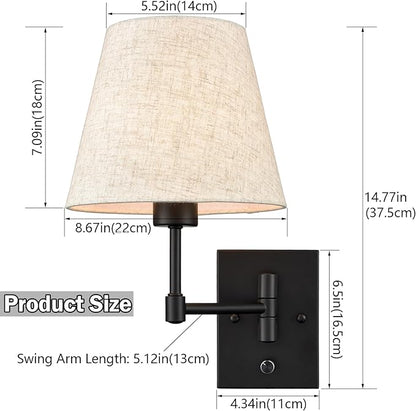 SAMTEEN Swing Arm Wall Sconces Set of Two Modern Black Sconce Light Plug in Wall Sconce with Shade, Black Swing Arm Wall Lamp with Plug in Cord for Bedroom Foyer Living Room