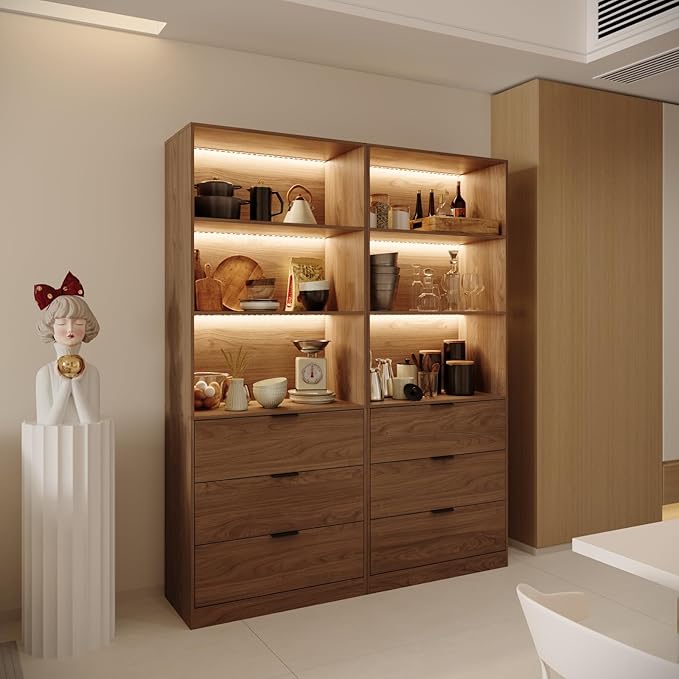 78.7" Walnut Display Cabinet with 3 Drawers, 3 -Tier Storage Cabinet with LED Lights, Tall Bookcasse Storage Cabinet, LED Display Case for Collectible, Living Room, Office, Kitchen