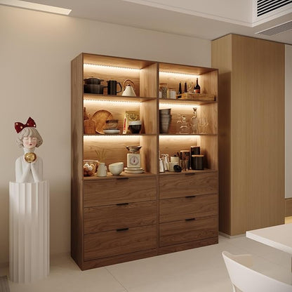 78.7" Walnut Display Cabinet with 3 Drawers, 3 -Tier Storage Cabinet with LED Lights, Tall Bookcasse Storage Cabinet, LED Display Case for Collectible, Living Room, Office, Kitchen