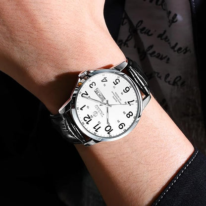Watches for Men Leather Large Arabic Numerals Mens Watches Waterproof Band with Date Quartz Men's Wrist Watch