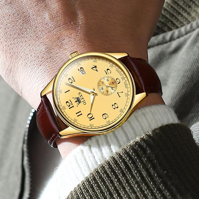 OLEVS Mens Watches Vintage Leather Band Dress Classic Easy Reader Arabic Numerals Analog Quartz Waterproof Date and Day Blue/Black/White Large Face Men's Wrist Watches