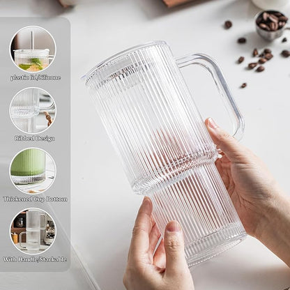 INSETLAN 26oz Ribbed Glass Tumbler with Handle & Lid – 4-Pack Large Iced Coffee Cups with Straws, Modern Glass Mug for Cold & Hot Beverages, Aesthetic Travel Cup for Smoothies, Tea, and Juice