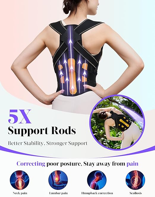 Posture Corrector for Women and Men, 5 Full Back Support Brace Rods, FSA&HSA Eligible, Adjustable Shoulder Straightener, Improving Hunchback Posture, Upper and Lower Back, Neck Pain Relief, Medium