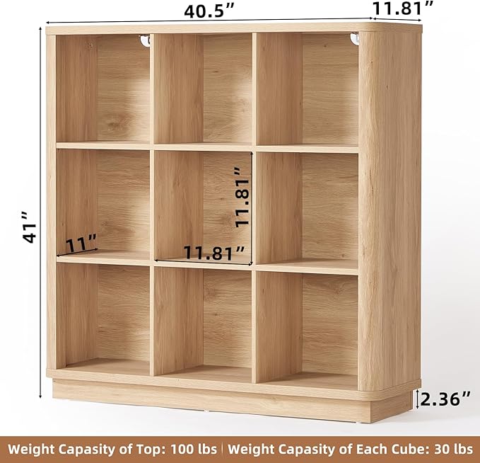 9 Cube Storage Book Shelf, 41" Tall Organizer Bookshelf with Curved Edge, Floor Standing 3-Tier Wood Cubby Bookcase with Base, Modern Display Book Case for Living Room, Home Office,Natural Oak