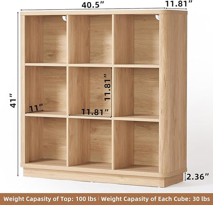 9 Cube Storage Book Shelf, 41" Tall Organizer Bookshelf with Curved Edge, Floor Standing 3-Tier Wood Cubby Bookcase with Base, Modern Display Book Case for Living Room, Home Office,Natural Oak