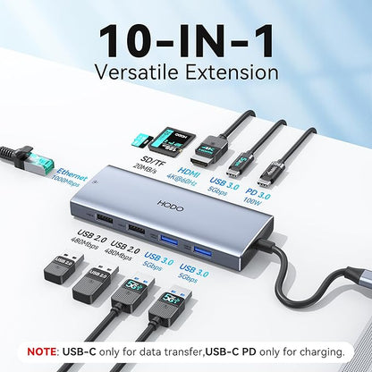 USB C Hub Multiport Adapter, 10-in-1 Laptop USB C Docking Station for Dell/HP Laptop, Dock to 4K HDMI,Ethernet,100W PD,3USB 3.0, 2USB 2.0, SD/TF, USB Type C Dongle for MacBook, Surface, Lenovo