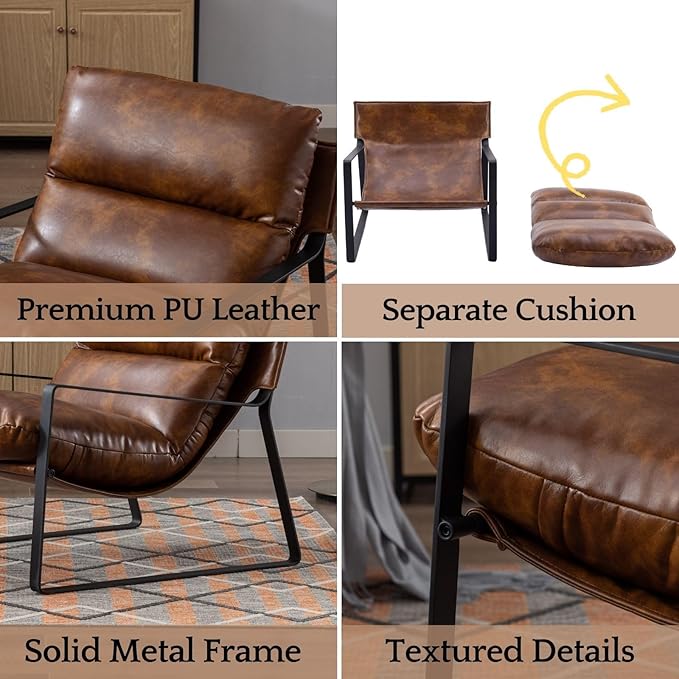 LukeAlon Modern PU Leather Accent Armchairs Set of 2, Upholstered Soft Living Room Chairs with Black Metal Legs Removable Thickened Cushion Sofa Chairs Lounge Chair for Bedroom Living Room, Brown