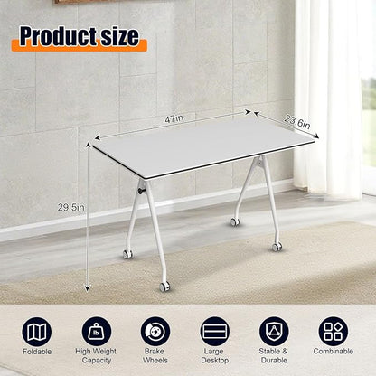 Folding Conference Table, Rectangular Conference Room Tables, Mobile Modular Training Table, Solid Steel Frame,Thickened Panel,for Offices,Meeting Room,Offices andSchools (4, White, 47in)