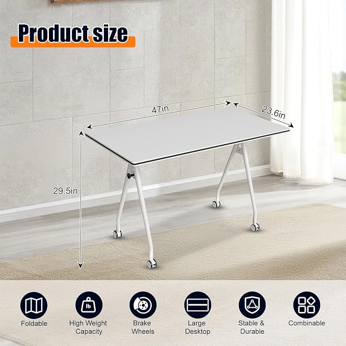 Folding Conference Table, Rectangular Conference Room Tables, Mobile Modular Training Table, Solid Steel Frame,Thickened Panel,for Offices,Meeting Room,Offices andSchools (6, White, 47in)