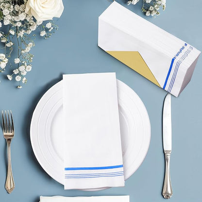 50 Disposable Paper Hand Towels for Bathroom, Decorative Linen Feel Guest Towels, Soft and Absorbent Paper Towels Napkins Bulk for Home Dinner Kitchen Wedding, 12" x 17"(Blue Trim Lined)