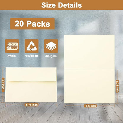 Cream Blank Note Cards and Envelopes 4.25 x 5.5 Heavyweight Folded Ivory Card stock and A2 Envelopes Printable Self Seal 20 Packs for DIY Invitations, Thank You Cards, School, Valentines