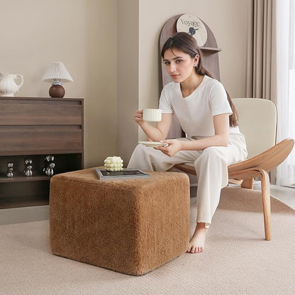 Tiita Pouf Ottoman and Foot Rest, Square Foam Stuffed Floor Pouf with Storag for Living Room, Brown