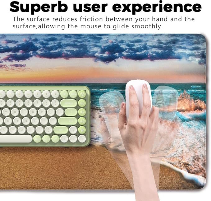 Sea and Beach Patterns Desk Mat, Large Gaming Mouse Pad Non-Slip Rubber Base with Stitched Edges, Waterproof Protection for PC Laptop Home Office Desk Decor (35.4x15.7in)