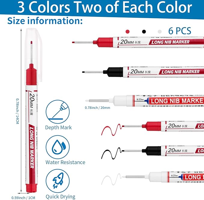 6 PCS Long Head Deep Hole Marker Pens,20mm Long Nib Marker, Longs Nose Markers, Waterproof Construction Markers Marking Tool,Permanent Markers Carpenter Ink marker Pens,Metal marking Pens 03