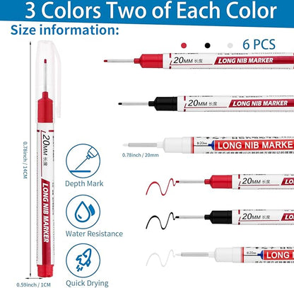 6 PCS Long Head Deep Hole Marker Pens,20mm Long Nib Marker, Longs Nose Markers, Waterproof Construction Markers Marking Tool,Permanent Markers Carpenter Ink marker Pens,Metal marking Pens 03