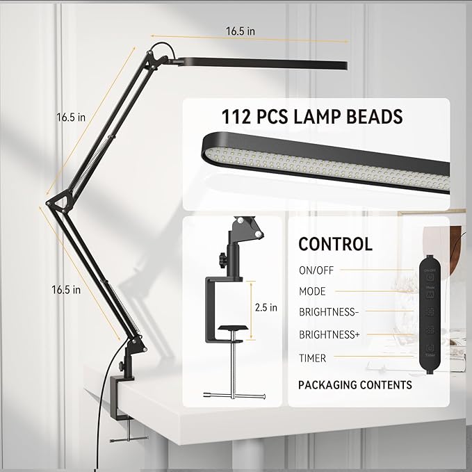 SKYLEO Desk Lamp for Home Office, Eye Comfortable LED Desk Light for Long Hours, Adjustable Swing Arm with Memory Function, Black