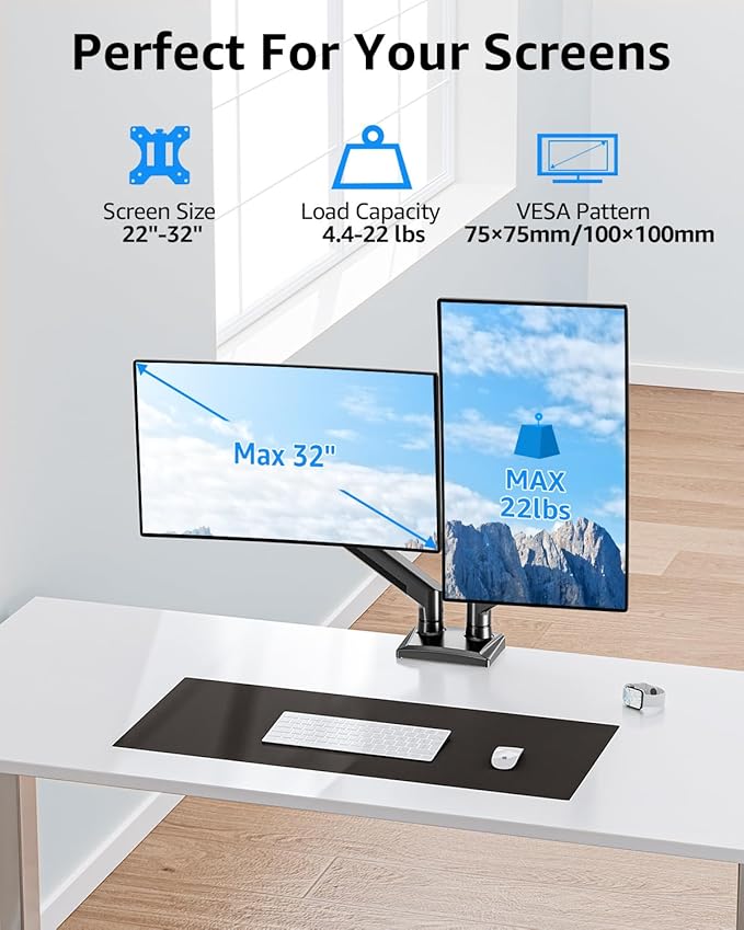 Dual Monitor Stand fits up to 32 inch, 4.4-22 lbs Computer Screens, Dual Monitor Desk Mount Height Adjustable, Monitor Arms for 2 Monitors, Home Office VESA Mounts with Gas Spring, Freelift Black