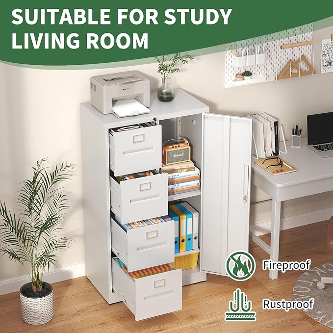 4-Drawer Vertical File Cabinet with Lock & 1 Door,File Cabinet with Storage Shelves for A4/Legal/Letter, White, Assembly Required