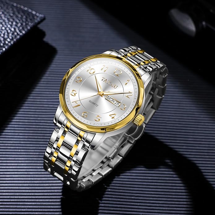 Stainless Steel Mens Watches with Day Date Quartz Analog Large Face Classic Watch Arabic Numerals Dress Luminous Rlojes para Hombres