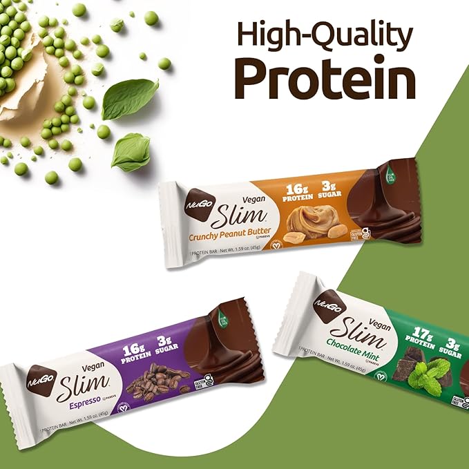 NuGo Slim 24ct Vegan Variety - Crunchy Peanut Butter 12 bars & Toasted Coconut 12 bars, Low Net Carb, Keto Friendly, 16-17g Plant Based Protein, Keto Friendly, Gluten Free, 24 count