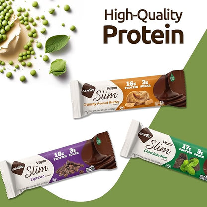 NuGo Slim 24ct Vegan Variety - Crunchy Peanut Butter 12 bars & Toasted Coconut 12 bars, Low Net Carb, Keto Friendly, 16-17g Plant Based Protein, Keto Friendly, Gluten Free, 24 count