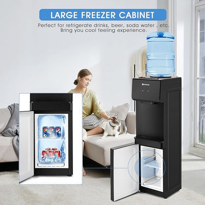 Top Loading Water Cooler Dispenser, 5 Gallon Hot & Cold Water Cooler with Freezer Cabinet, Water Dispenser with Child Safety Lock for Home Office, Apartment, Dorm, Gym