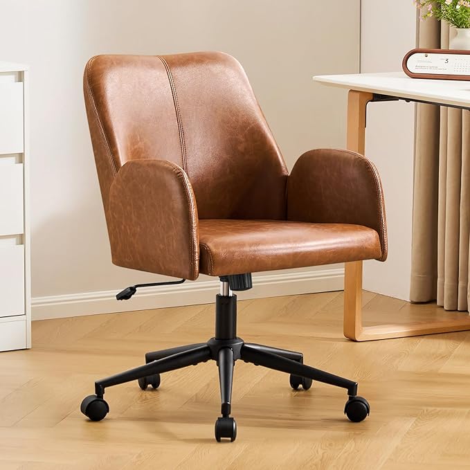 Furniliving Home Office Desk Chair, Ergonomic Leather Office Chair with Wheels, Comfortable Rolling Task Chair Adjustable Height, Brown