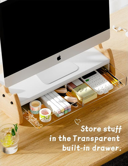 Monitor Stand Riser,Wooden & MDF Computer Desktop Stand with Acrylic Drawer,Laptop Stand Riser Holder ,Table Holder Desk Organizer Storage Stand for Laptop,Printer,TV,15.7 inch,Cute Cat