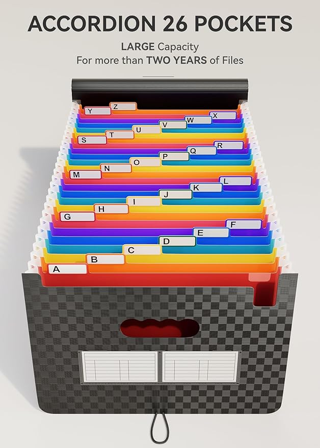 ABC life 26 Pockets Accordian File Organizer,Expanding File Folder/Portable A4 Letter Size Filling Box, Expandable Desktop Accordion Folder, Plastic Paper Document Coupon Organizer with Colored Label