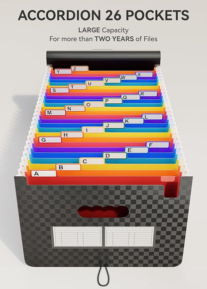 ABC life 26 Pockets Accordian File Organizer,Expanding File Folder/Portable A4 Letter Size Filling Box, Expandable Desktop Accordion Folder, Plastic Paper Document Coupon Organizer with Colored Label