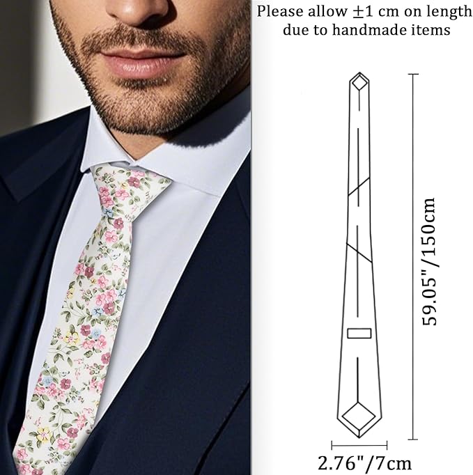 Cotton Floral Ties for Men 2.76" Men's Skinny Tie Linen Flower Printed Neck Tie for Wedding Dating Party