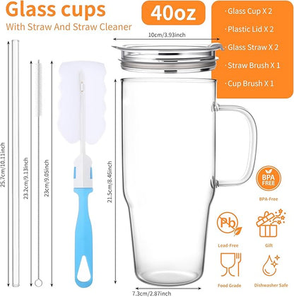 2Pack 40OZ Glass Tumbler with Handle,Glass Cup with Lid and Straw,Reusable Glass Iced Coffee Cup for Beer, Smoothies, Juice,Hot/Cold Drinks-Suitable for Birthday,Wedding,Christmas Gifts