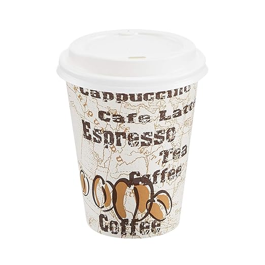 Amazon Basics to Go Hot Paper Coffee Cups with Lids, 12 oz, Café Design, Disposable, 100-Count