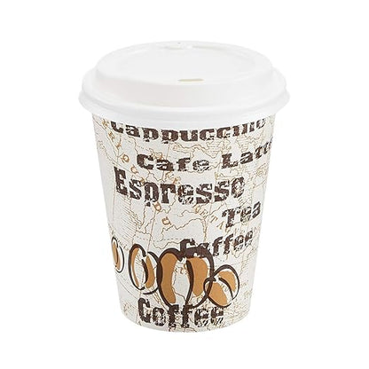 Amazon Basics to Go Hot Paper Coffee Cups with Lids, 12 oz, Café Design, Disposable, 100-Count