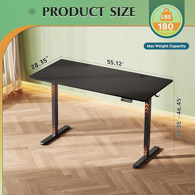 DEVAISE 55x28 Inch Whole Piece Standing Desk, Seamless One-Piece Electric Standing Desk with Adjustable Height, 3-Preset Memory Sit Stand up Desk for Home, Office (Black)